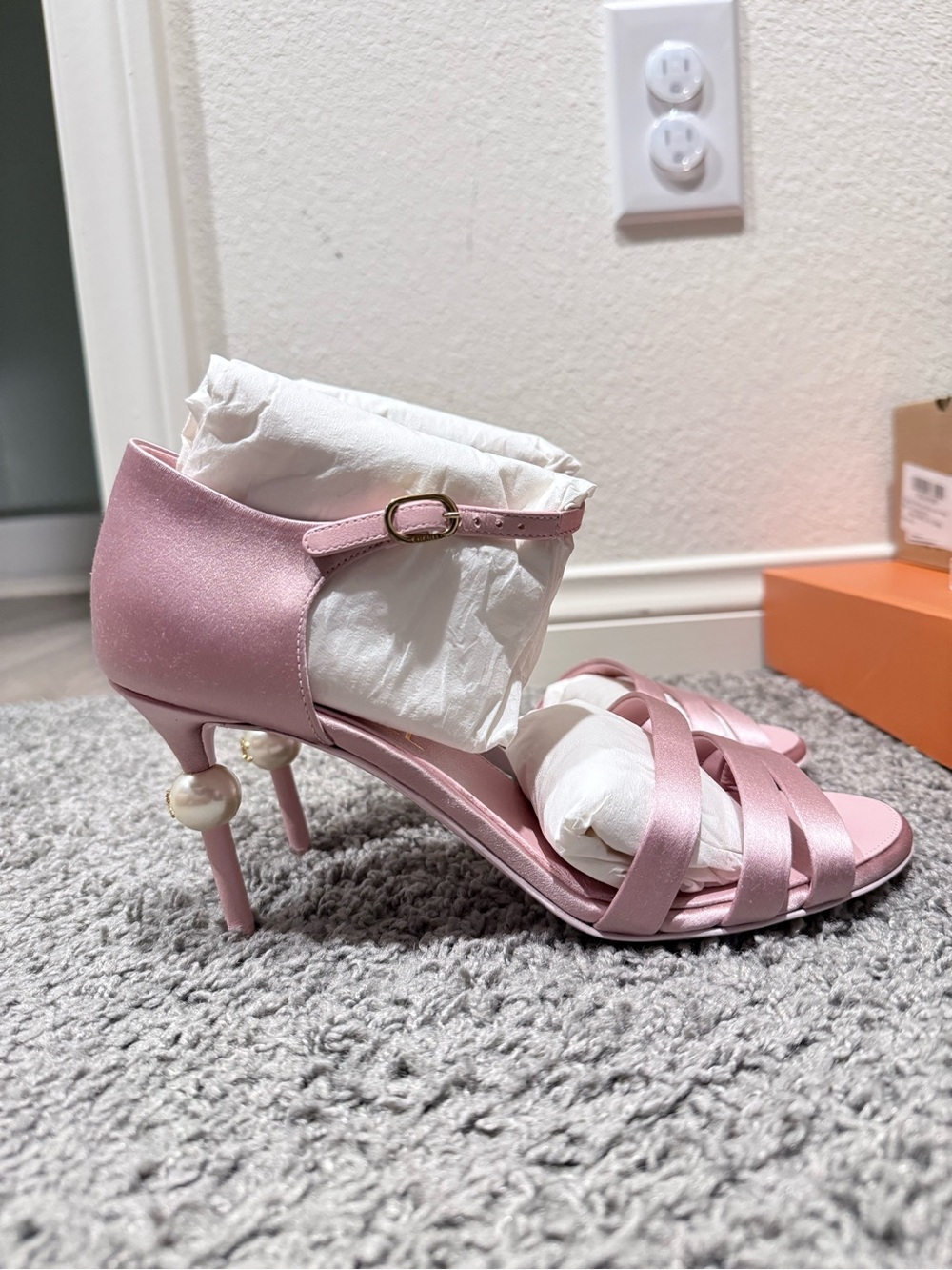 Chanel Women’s Pink Satin Pearl-Heel Strappy Sandals